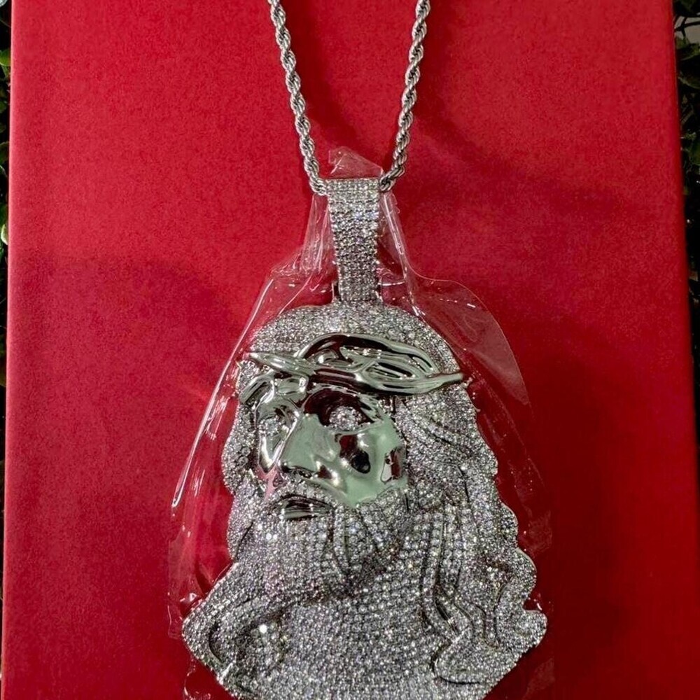 Iced Out Jesus Piece Pendant, Silver Rope Chain, CZ Hip Hop Necklace - Picture 6 of 9